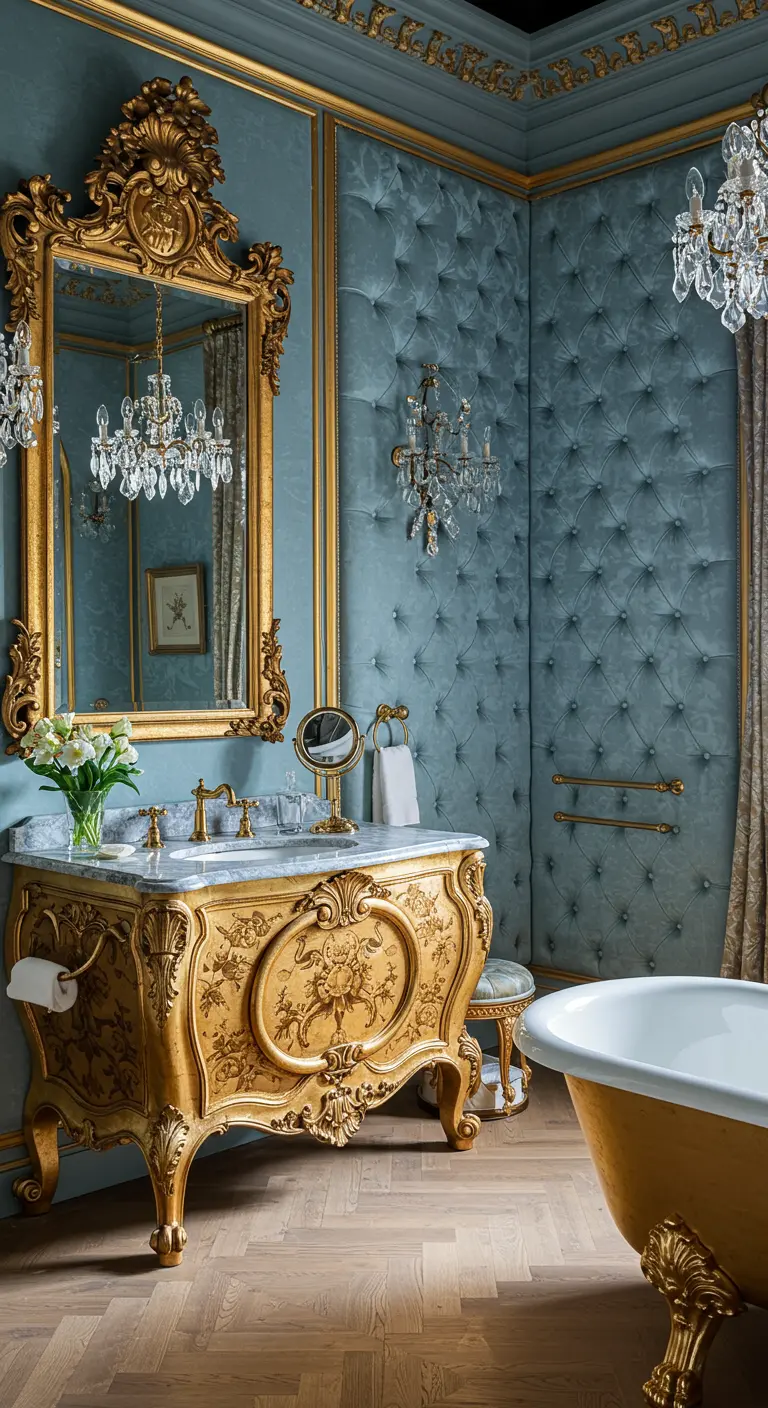 Elegant Rococo-style bathroom with light blue tufted walls, a highly ornate gold vanity, and chandeliers.