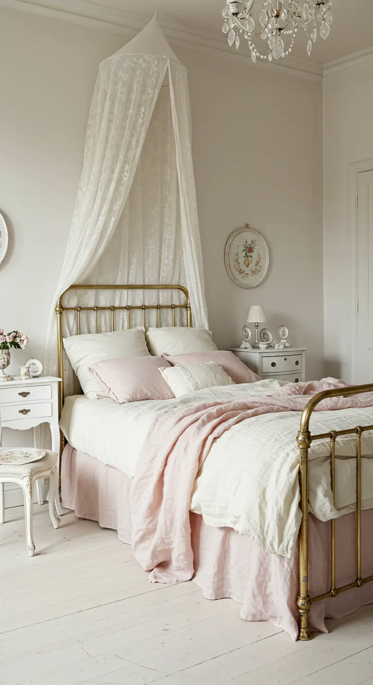 Light and airy bedroom with a brass bed, white lace canopy, and soft pink linen bedding.