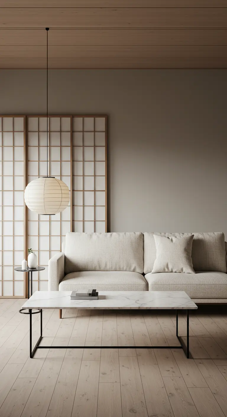 Minimalist living room with a shoji screen, paper lantern, and a slim marble coffee table.