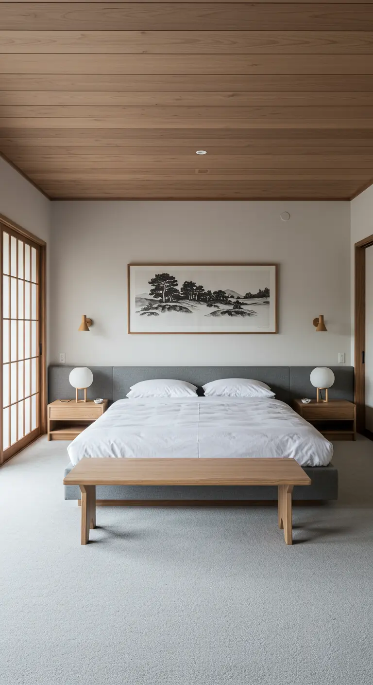 A serene Japandi bedroom with a gray upholstered wall headboard and symmetrical nightstands.