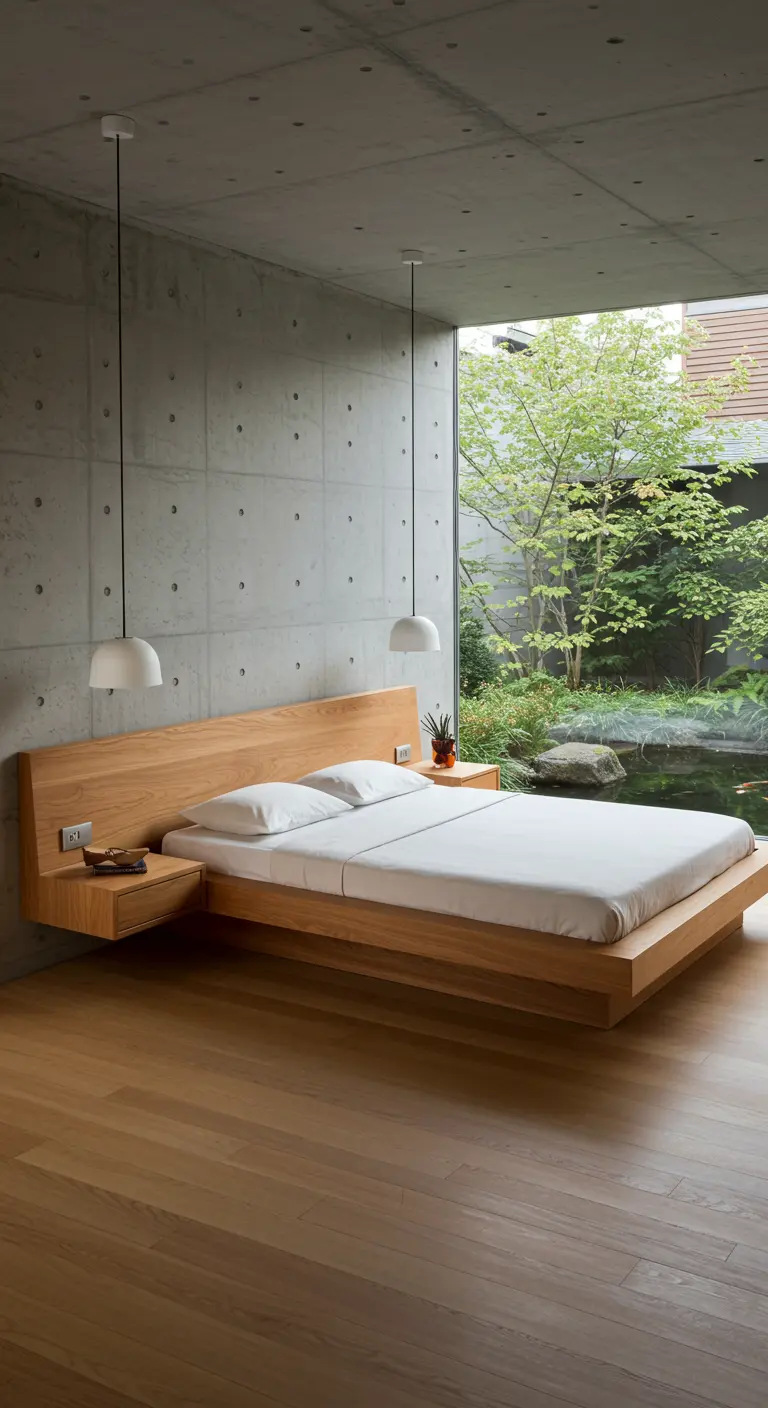 Minimalist bedroom with a floating wooden bed and nightstands facing a garden pond.