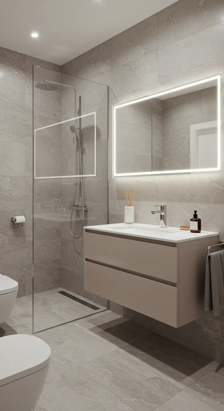 A serene bathroom with soft grey tiles, a floating greige vanity, and a large backlit mirror.