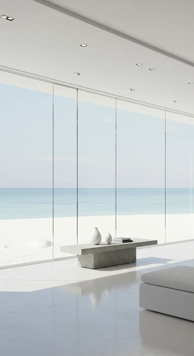 An all-white minimalist living room with a concrete coffee table overlooking a white sand beach.