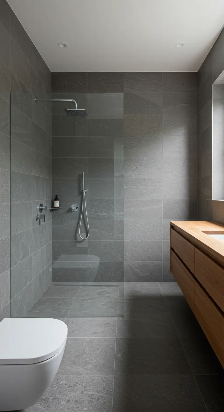 Minimalist gray bathroom with a simple fixed glass shower screen and oak vanity.