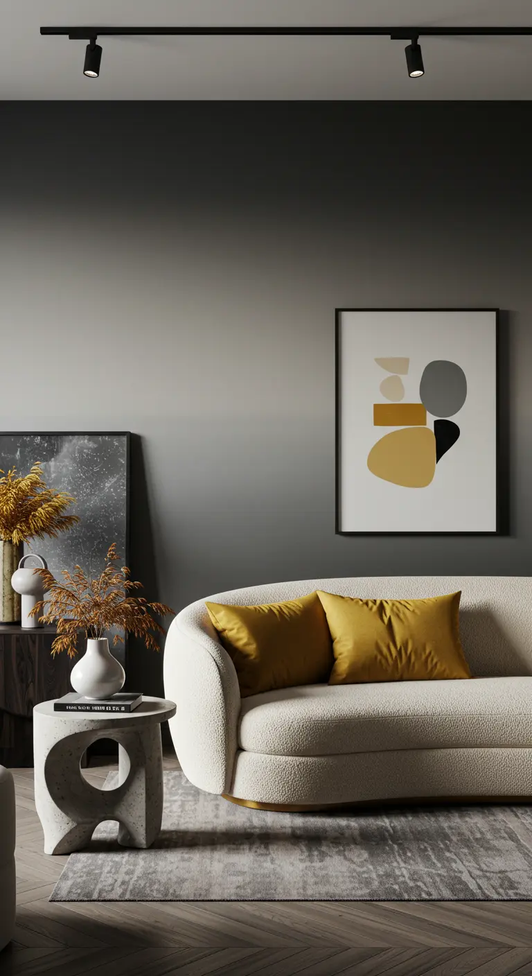 Cream bouclé sofa against a gray ombre wall with abstract art and a stone side table.