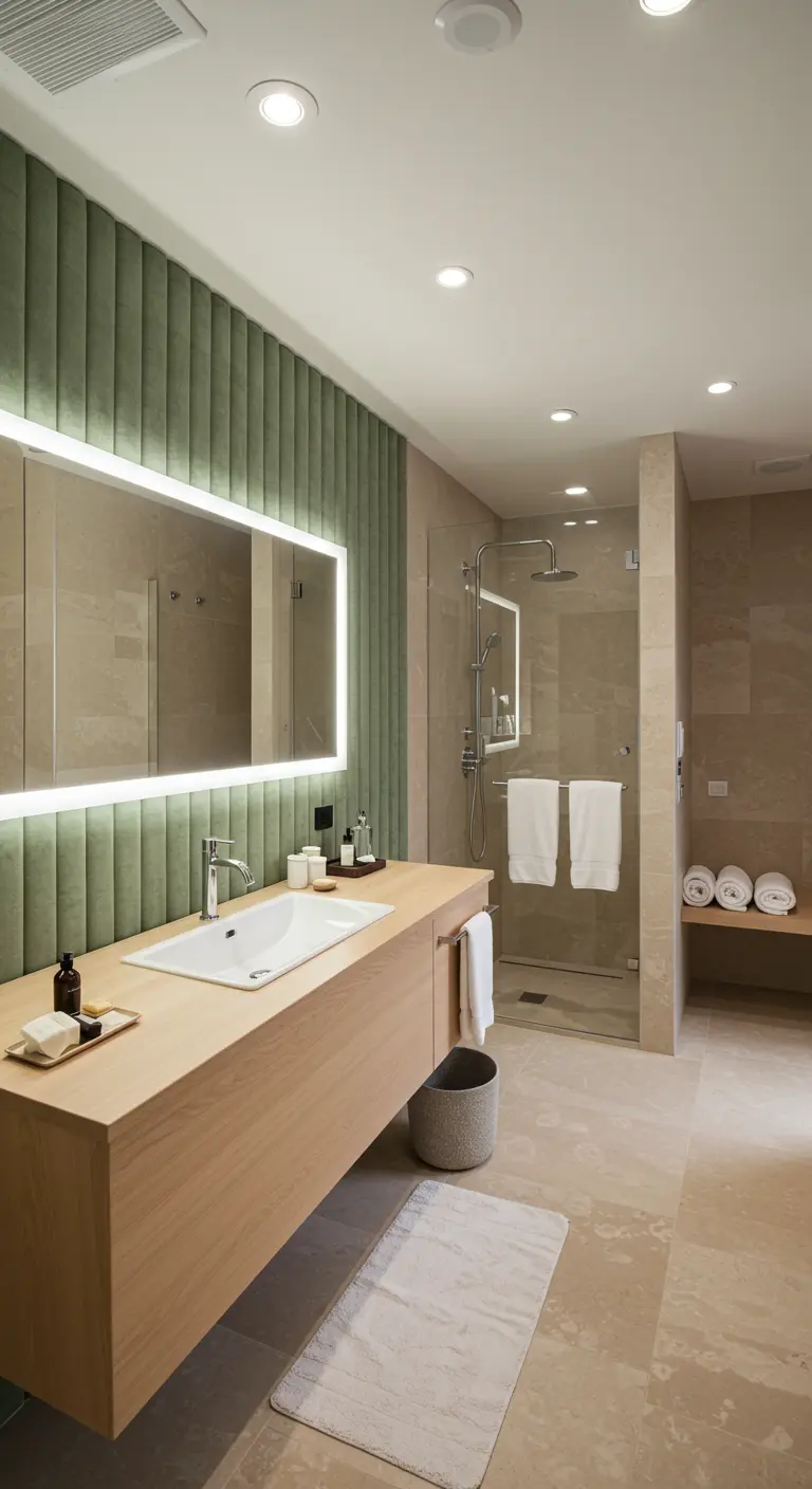 Modern spa bathroom with sage green velvet walls, a light wood vanity, and a large backlit mirror.