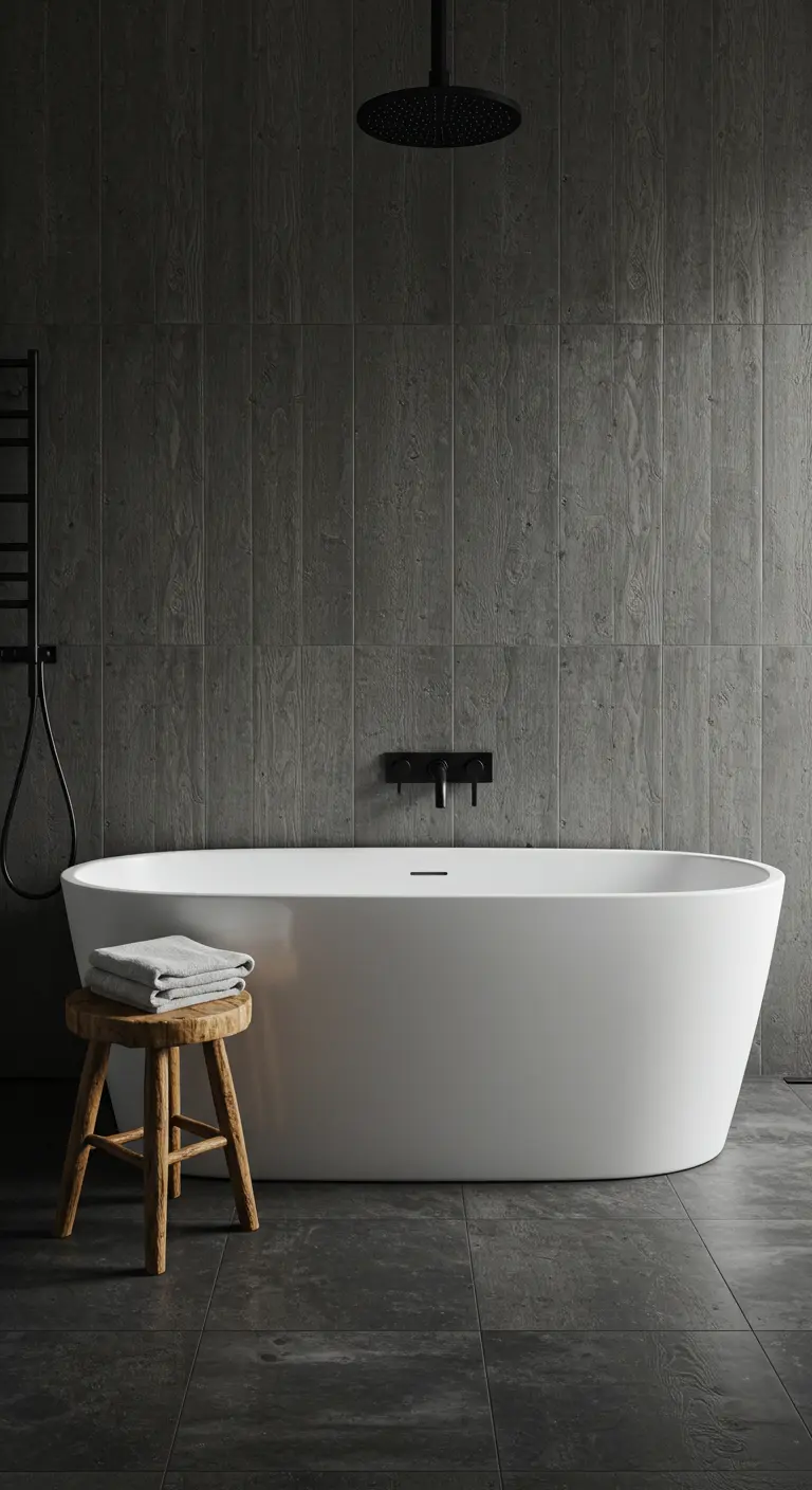 A freestanding white tub in a dark tiled bathroom, with a small rustic wooden stool beside it.