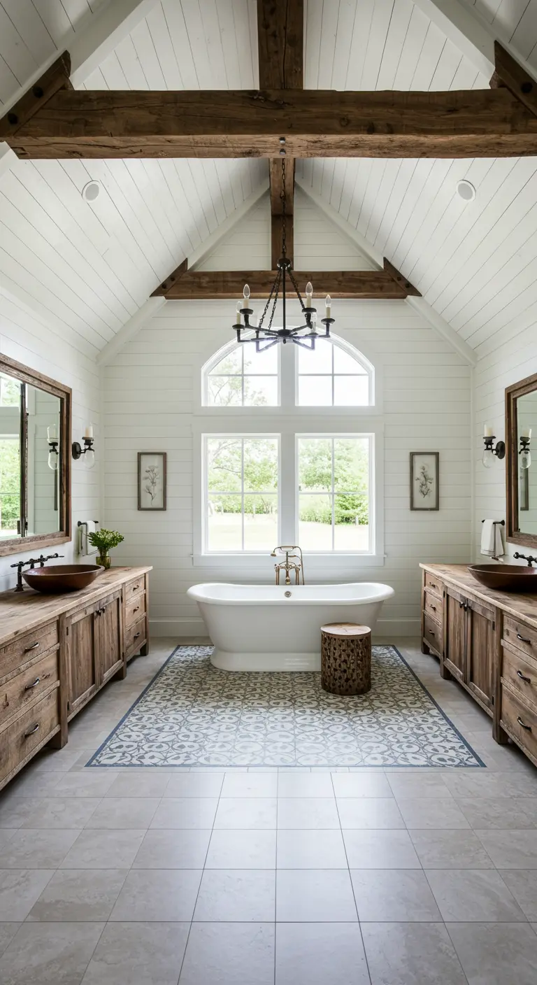 Symmetrical farmhouse bathroom with two vanities and a central tub.