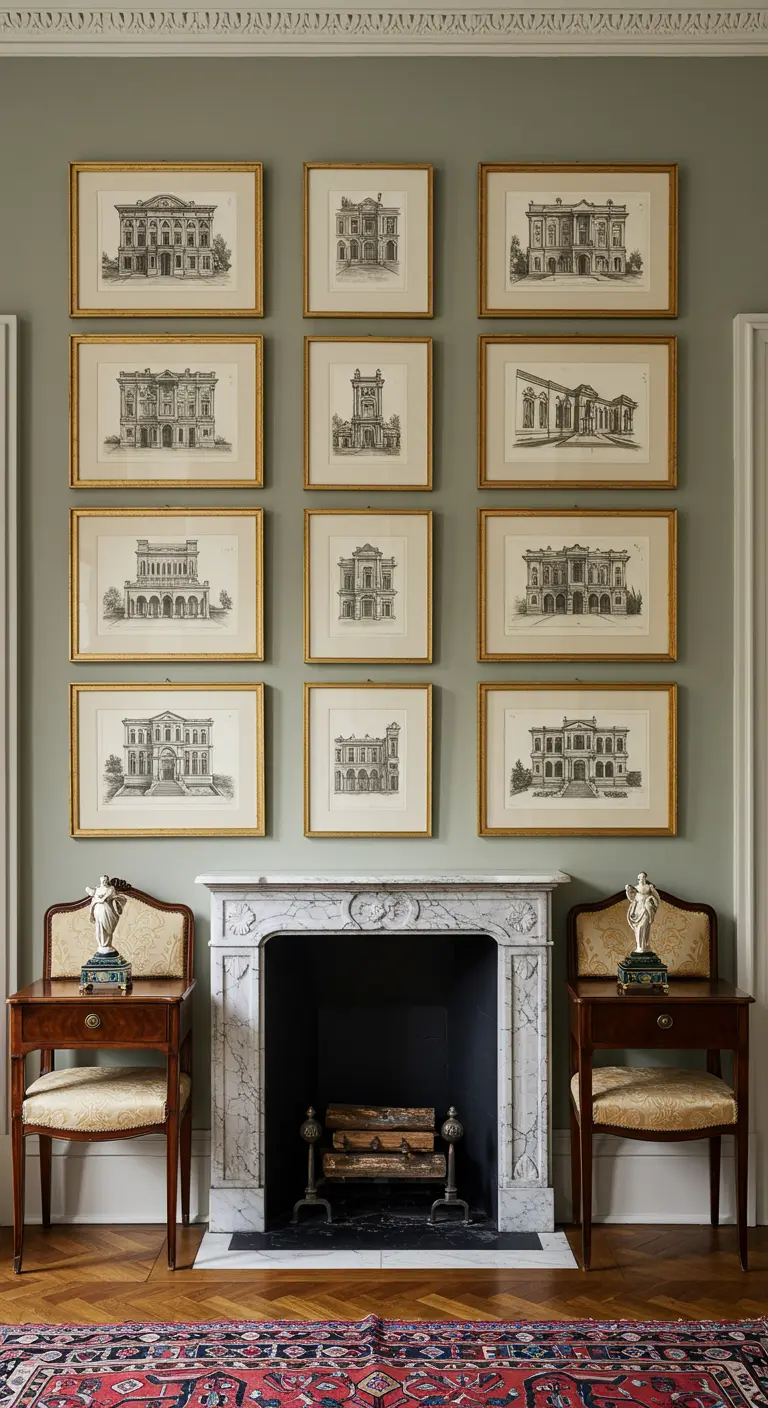 A symmetrical grid of twelve architectural prints above a marble fireplace.