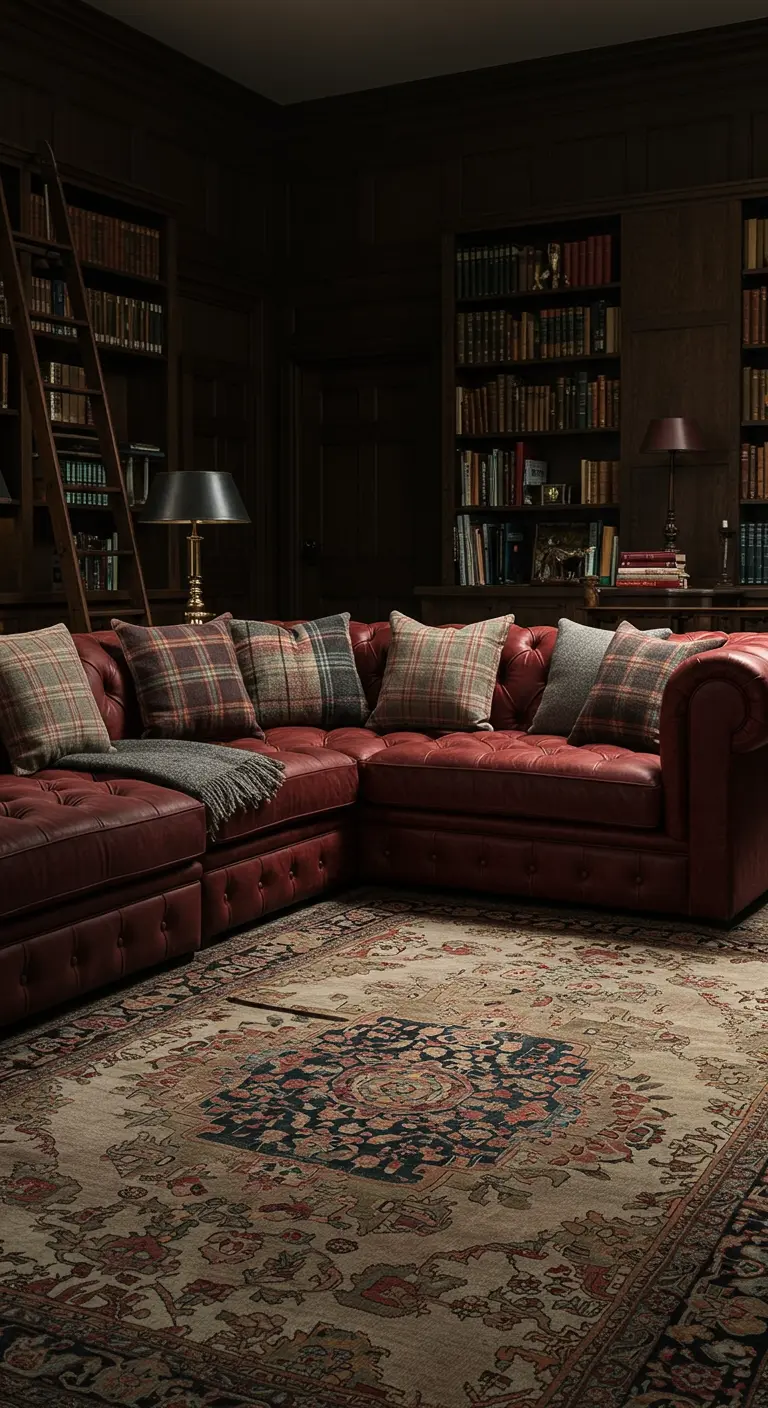 Red leather Chesterfield sectional in a dark wood library with a rolling ladder.