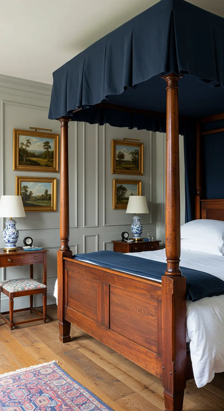 Traditional bedroom with a wood four-poster bed topped with a tailored navy blue fabric canopy.