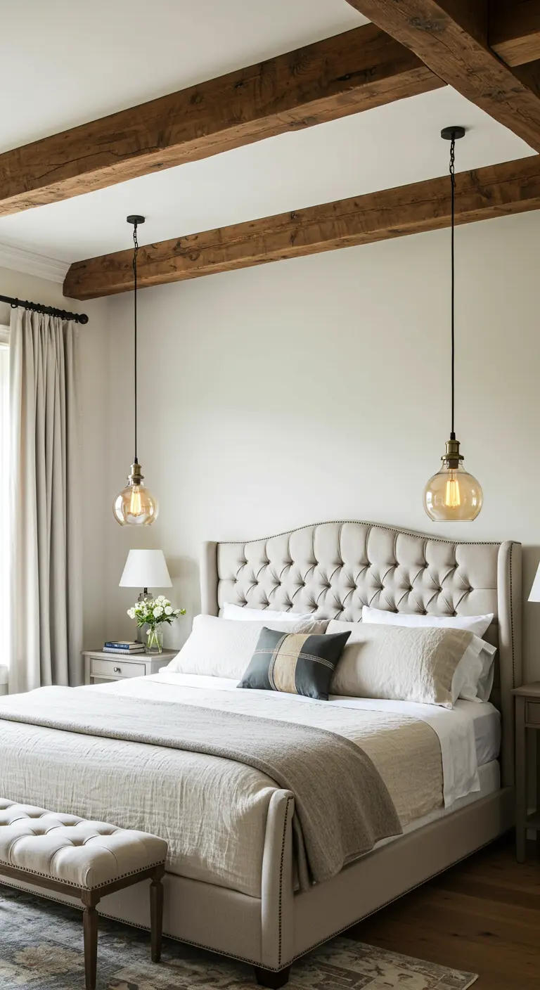 Elegant neutral bedroom with a tufted headboard, linen bedding, and globe pendant lights.