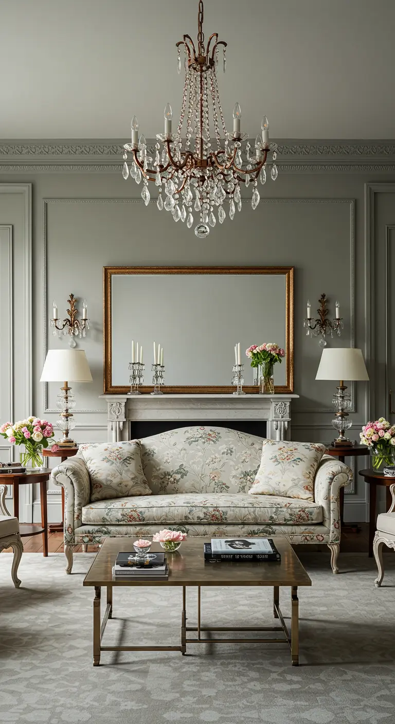 A perfectly symmetrical living room with a floral sofa centered under a chandelier.