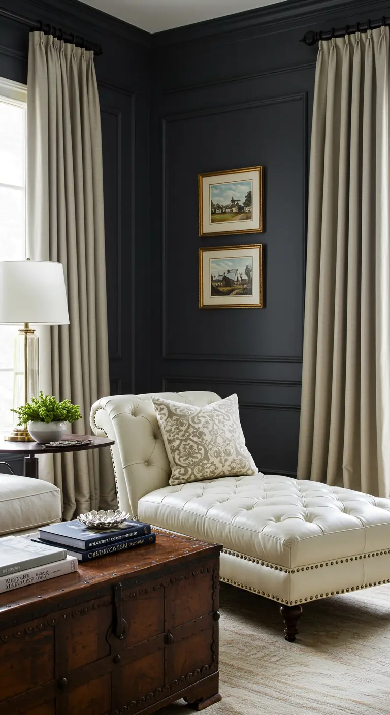 A classic tufted white chaise with nailhead trim in a traditional room with dark walls and heavy drapes.