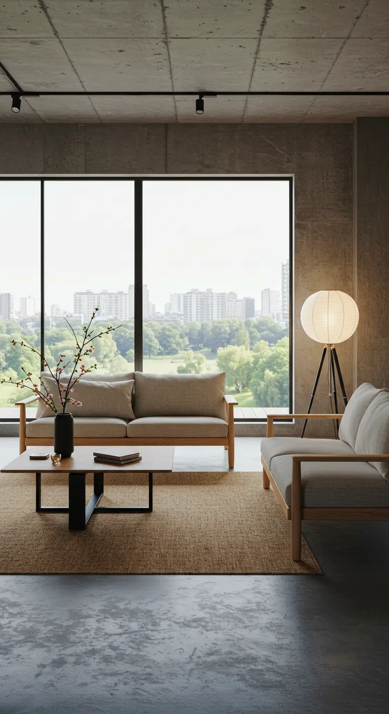 Minimalist loft with a neutral sofa, jute rug, and a paper lantern floor lamp.