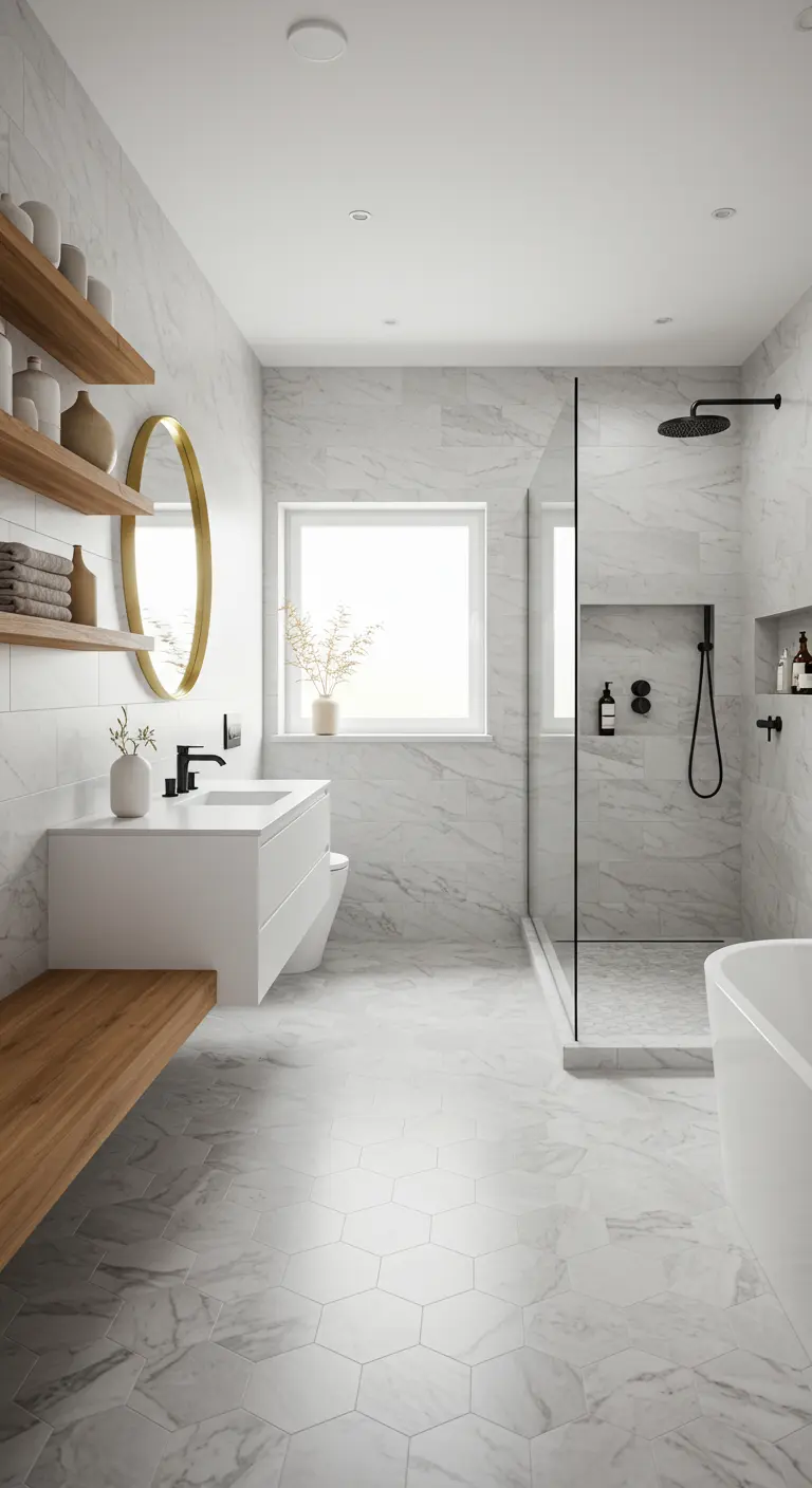 A bright, all-white marble bathroom with light wood floating shelves and a matching bench.