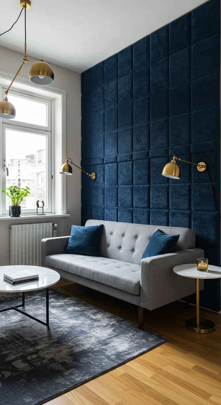 A grid of navy blue velvet upholstered panels on a wall behind a gray sofa.