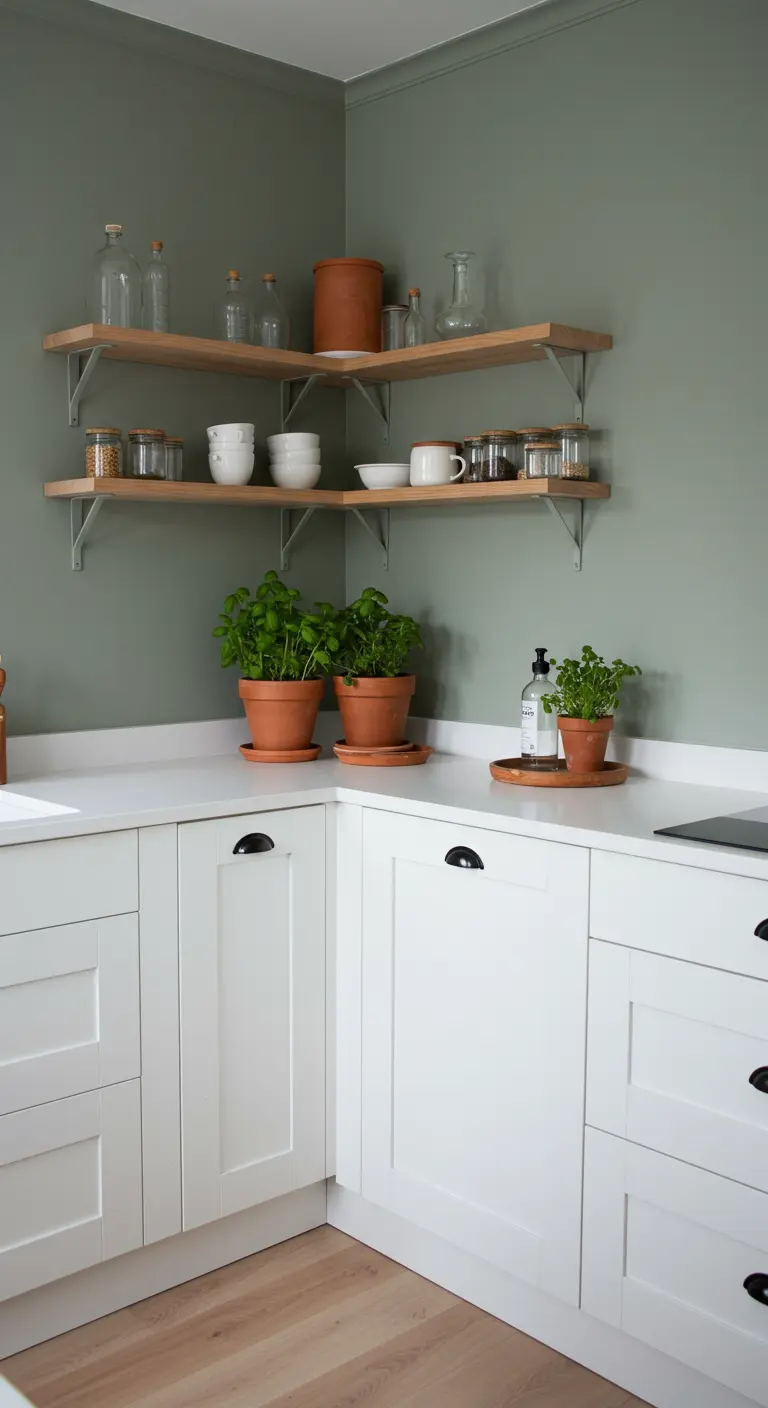 Kitchen corner with sage green walls, white cabinets, and light wood floating shelves.