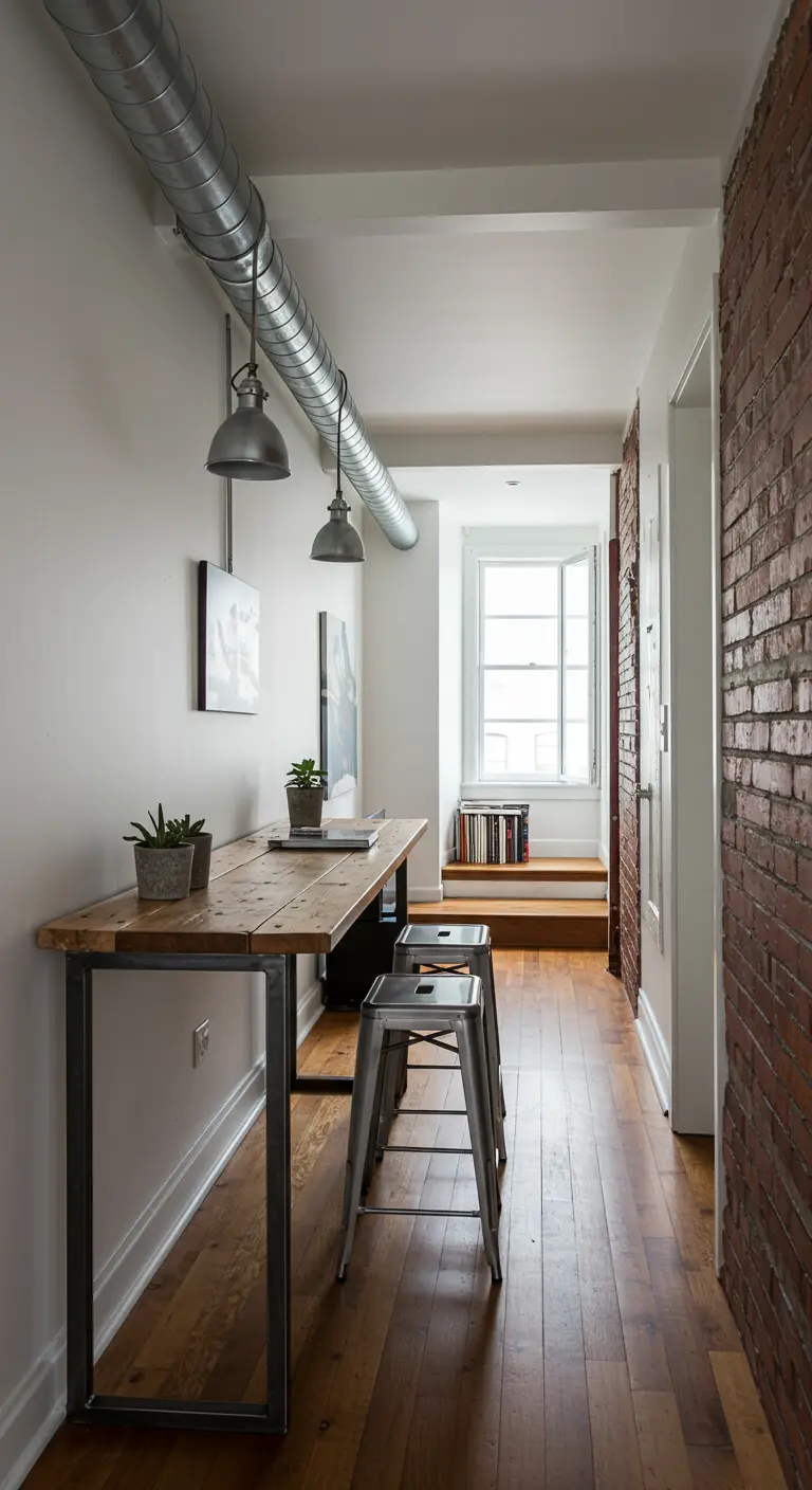 A long, narrow hallway features a slim wooden bar table and metal stools against one wall.