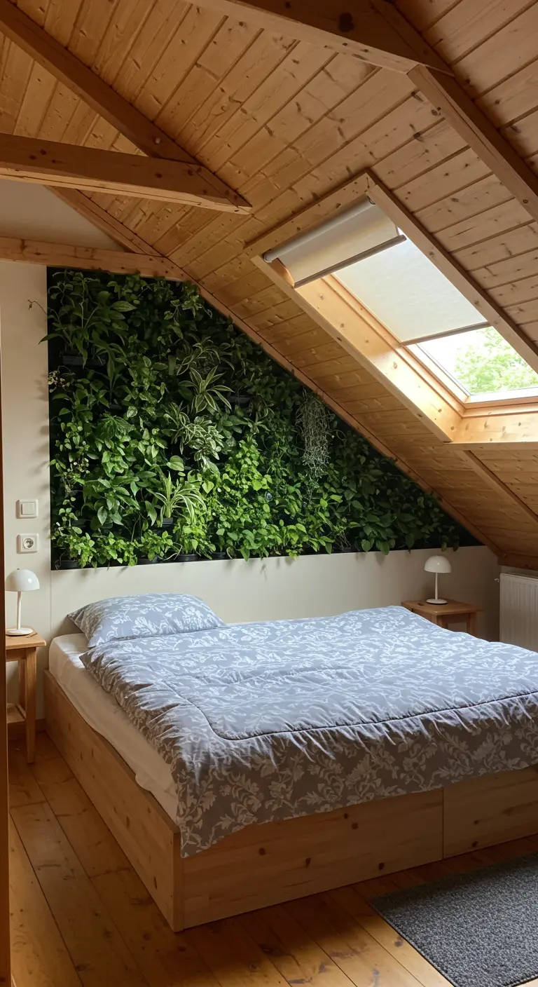 An attic bedroom with a living plant wall fitted into the sloped wall behind the bed.