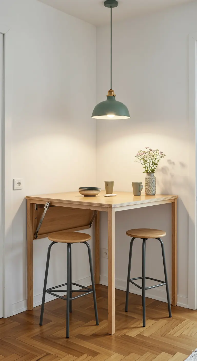 A light wood drop-leaf table in a corner, set for two with one leaf down.