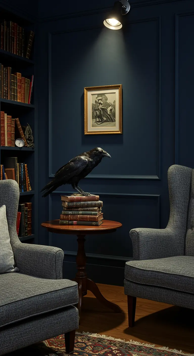 A moody reading nook with a crow perched on a stack of antique books.