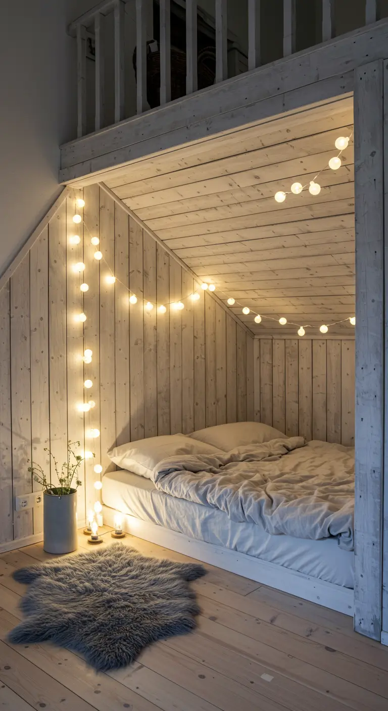 Bed nook under a loft with whitewashed wood and string lights.