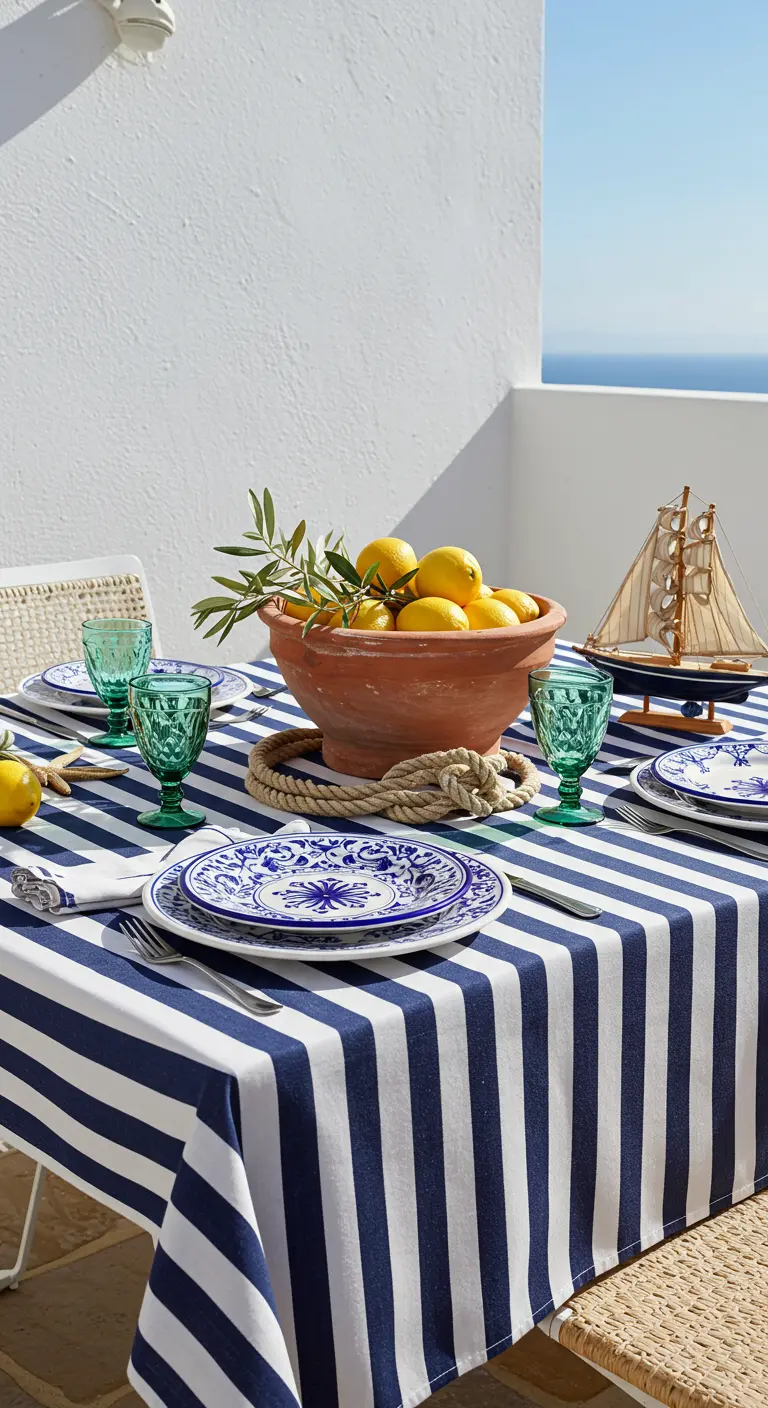 Mediterranean nautical table with a lemon-filled terracotta pot and blue patterned plates.