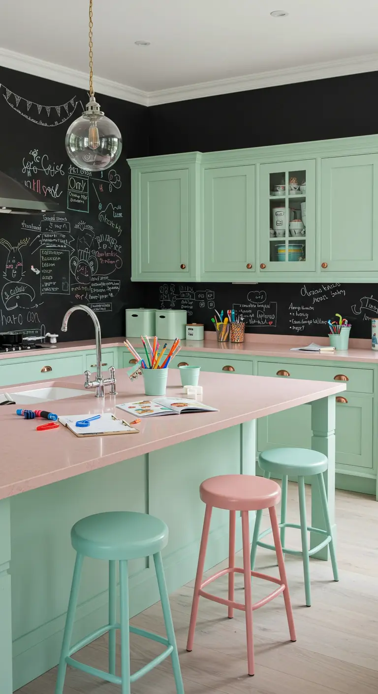 Family kitchen with mint cabinets, a pink island, and a large black chalkboard wall for notes.