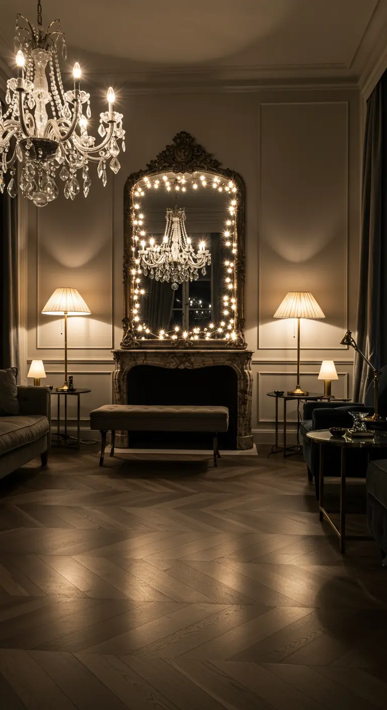 Dimly lit living room with a large mirror over the fireplace framed with string lights.
