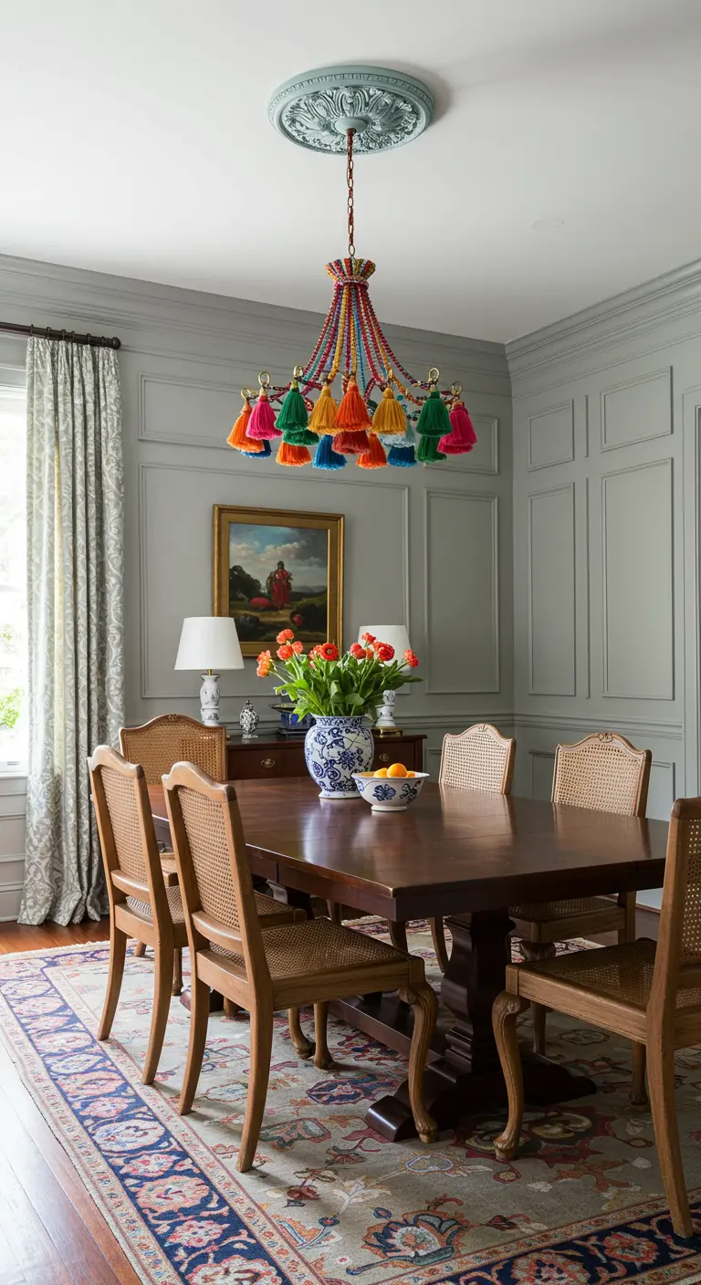 Traditional dining room with gray paneled walls and a small, colorful tassel chandelier.