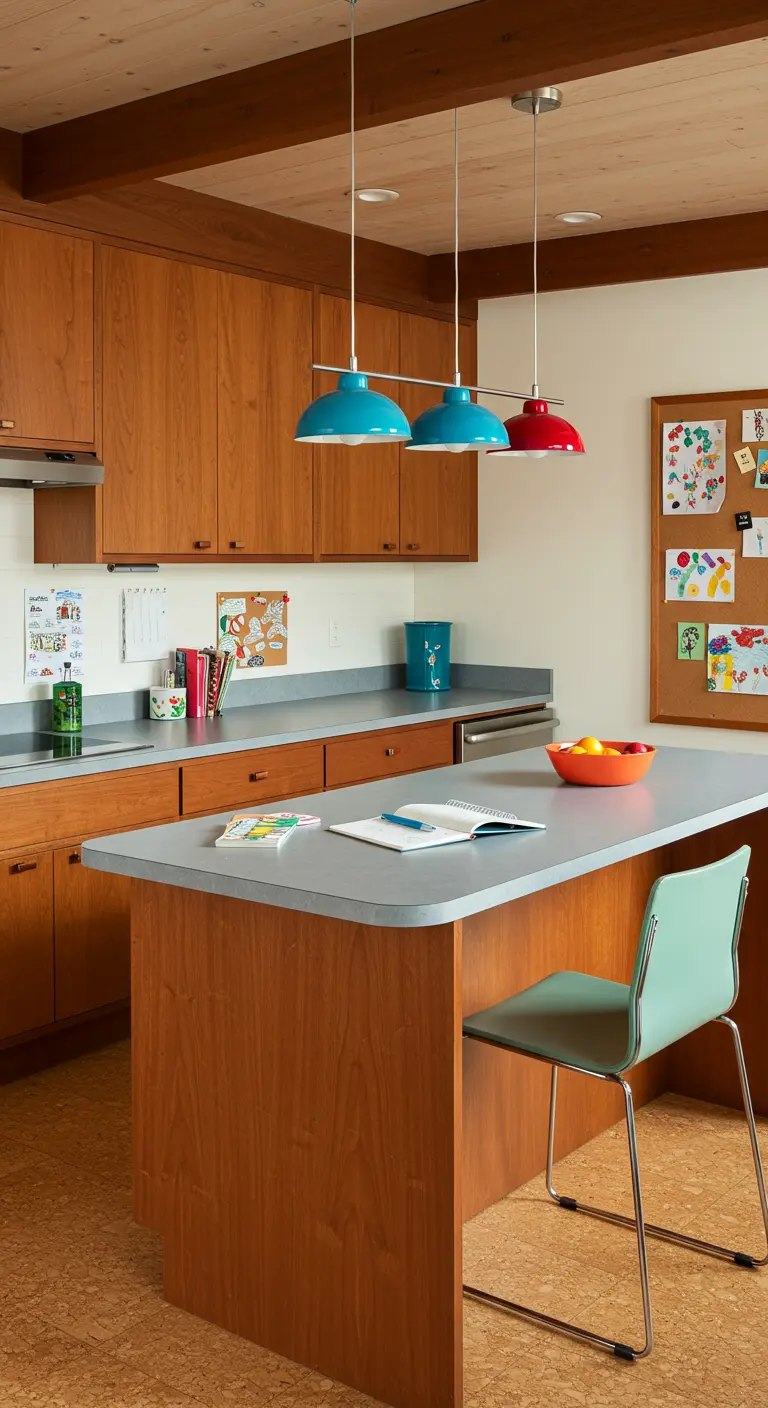 Family kitchen with teak cabinets and colorful red and blue pendant lights.