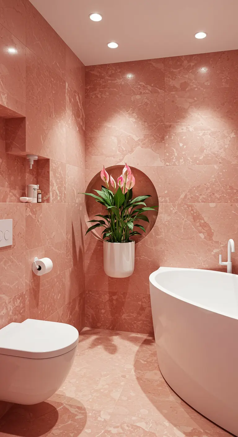 Pink marble bathroom featuring a circular wall niche with a peace lily plant.