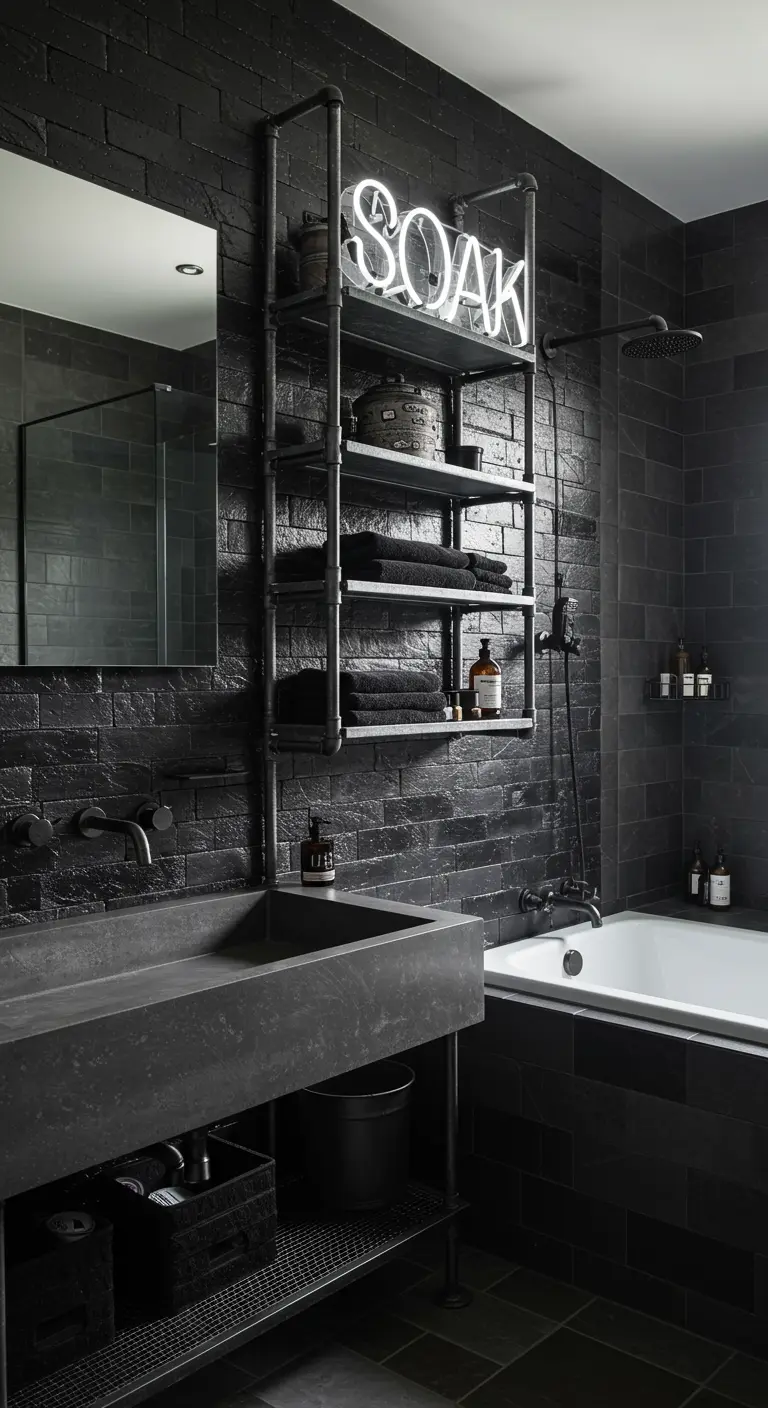 An all-black bathroom with a floor-to-ceiling pipe shelf featuring a white neon 'SOAK' sign.