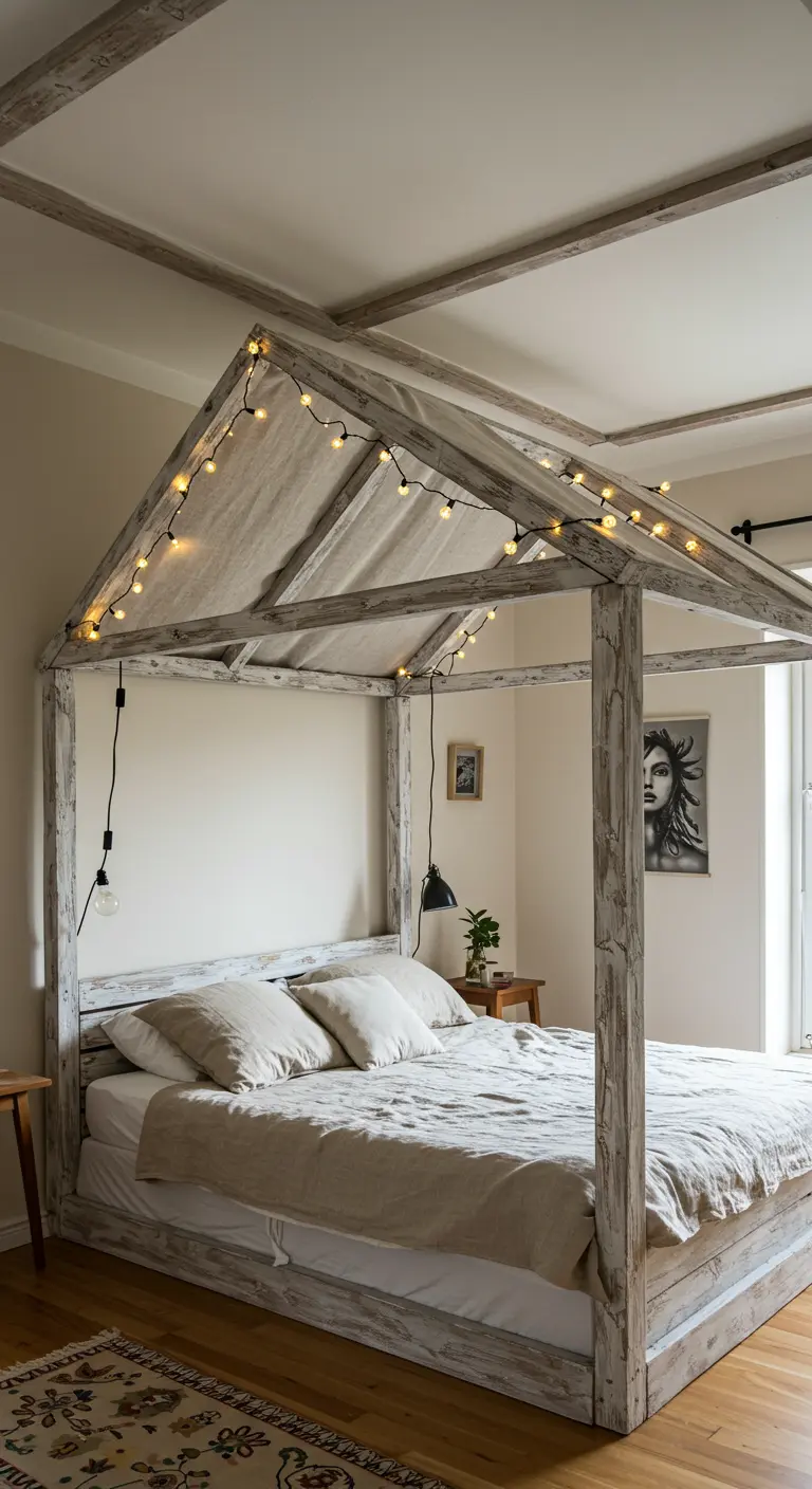 A house-shaped canopy bed made of whitewashed wood, decorated with glowing string lights.