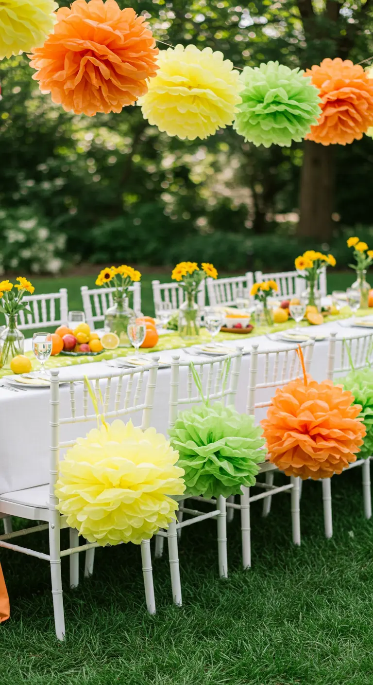 Bright orange, yellow, and green pom-poms tied to the backs of white chairs at a garden party.