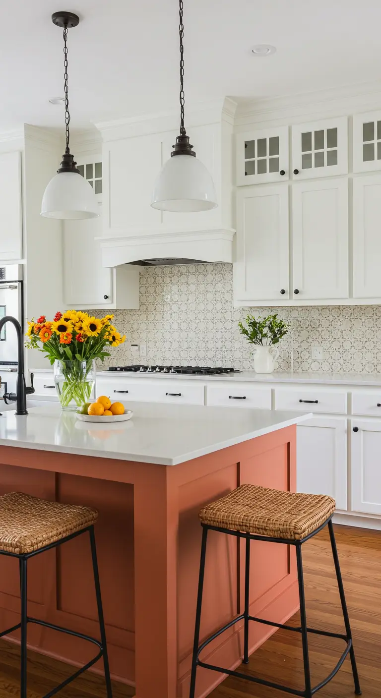 White kitchen with a terra cotta-painted island and black pendant lights.