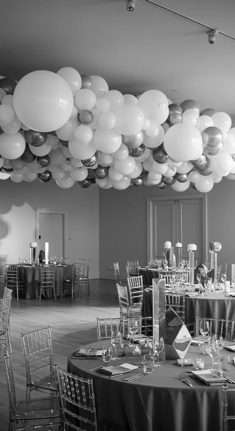 A black-and-white photo of a reception hall ceiling covered in white and silver balloons.