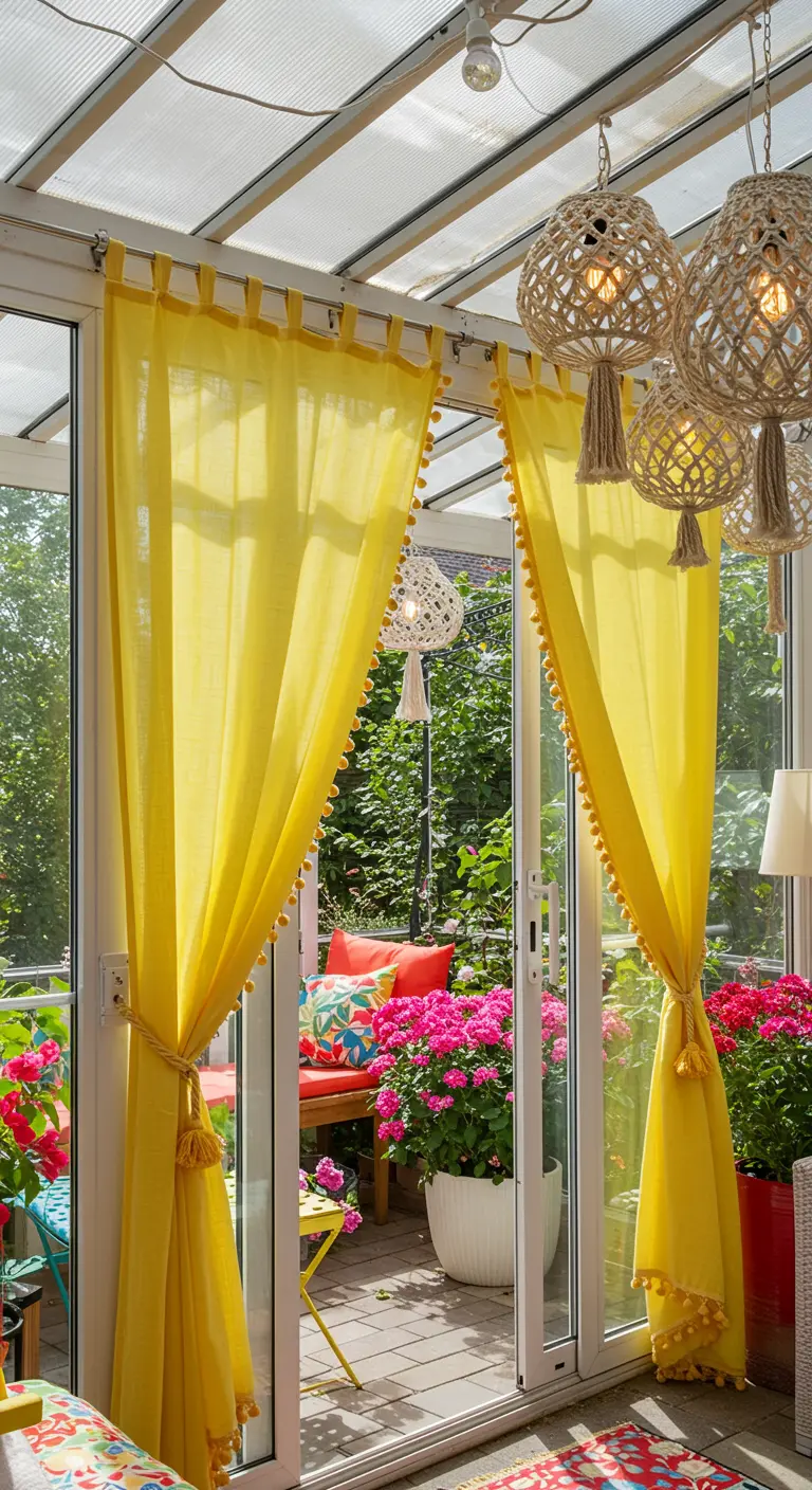 A sunny enclosed patio with bright yellow curtains trimmed with pom-poms, framing a view of pink flowers.