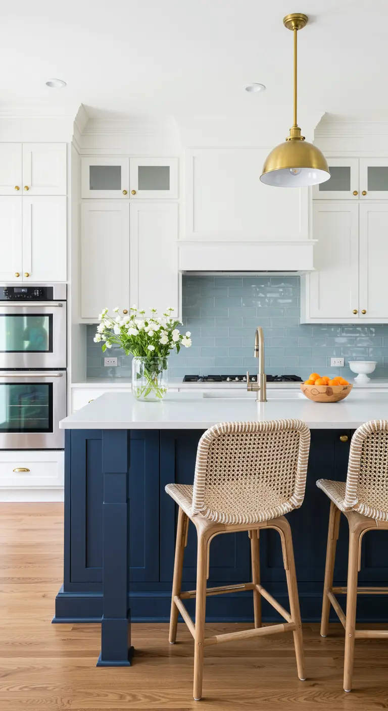 Kitchen with navy island, white cabinets, and a pale blue subway tile backsplash.