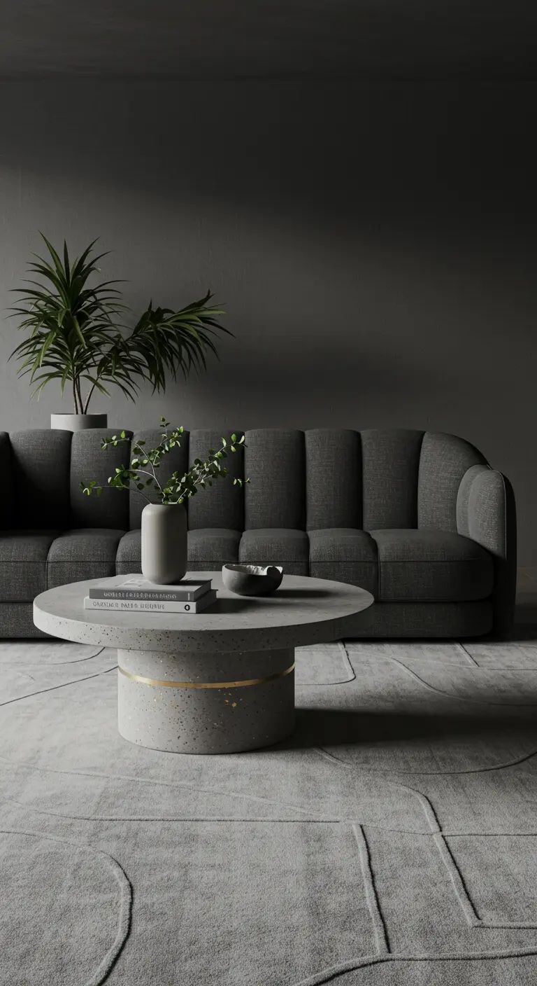A dark gray sofa with a round concrete coffee table that has a thin brass band inlay.