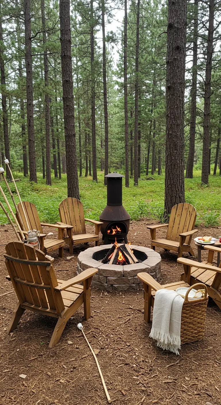 A fire pit gathering with a tall black chiminea next to the central fire.