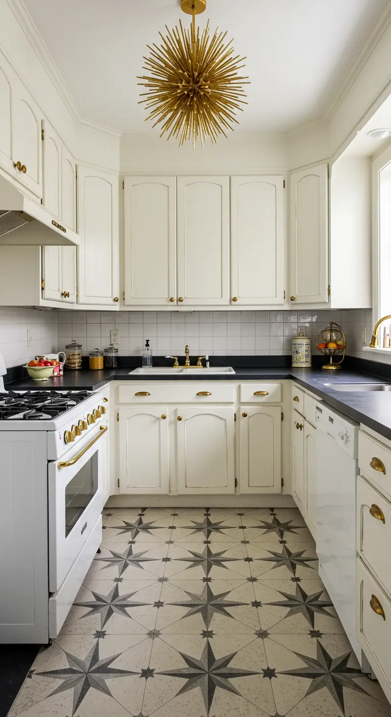 White kitchen with a dramatic gold sputnik chandelier and star-patterned floor tiles.