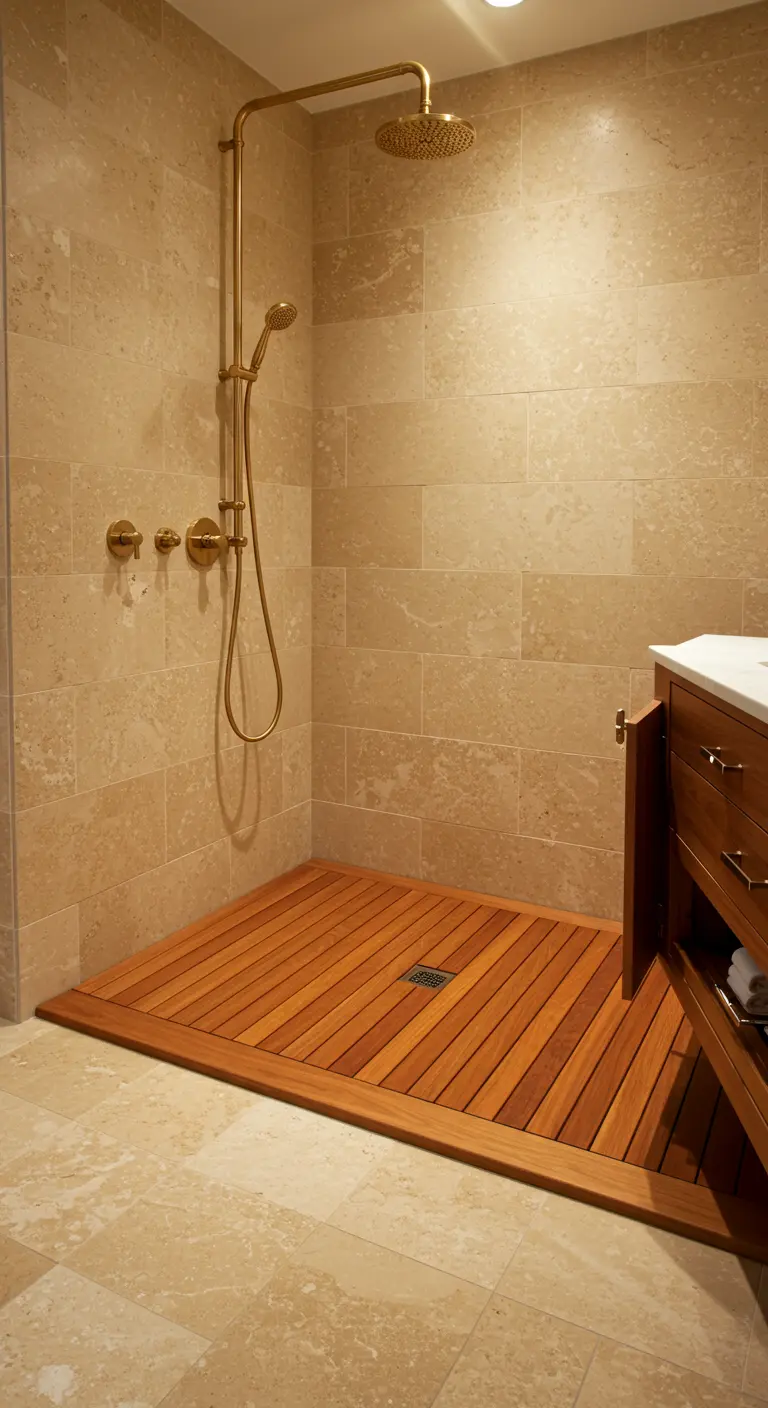 Travertine tile shower with a slatted teak wood floor insert and brass fixtures.