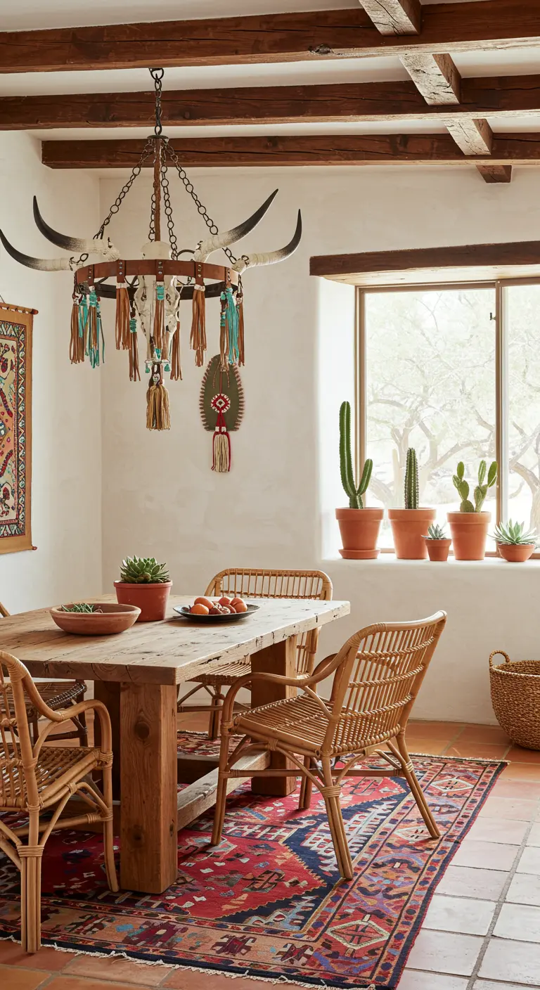 Southwestern dining room with a chandelier made of horns and turquoise tassels.