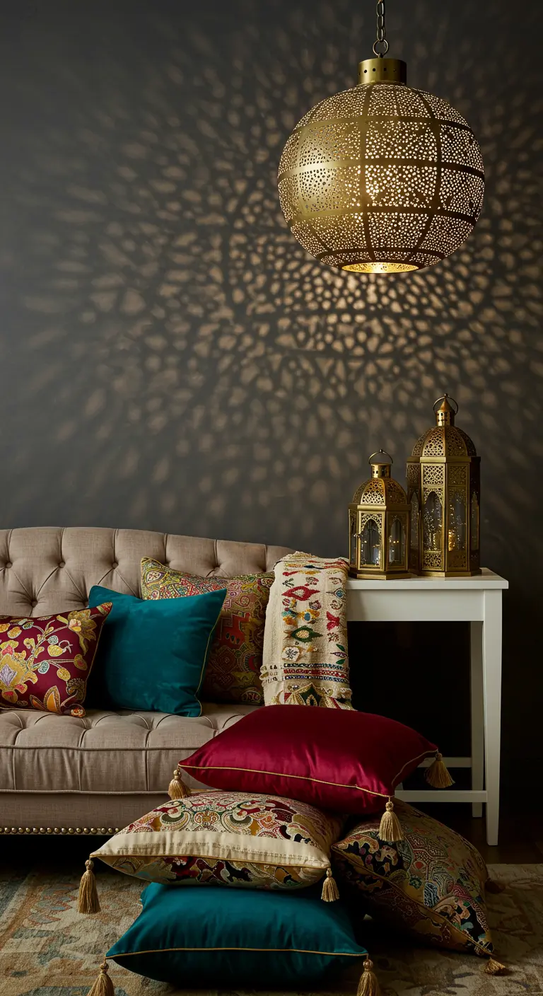 A tufted sofa with patterned pillows under a large, perforated brass lantern.
