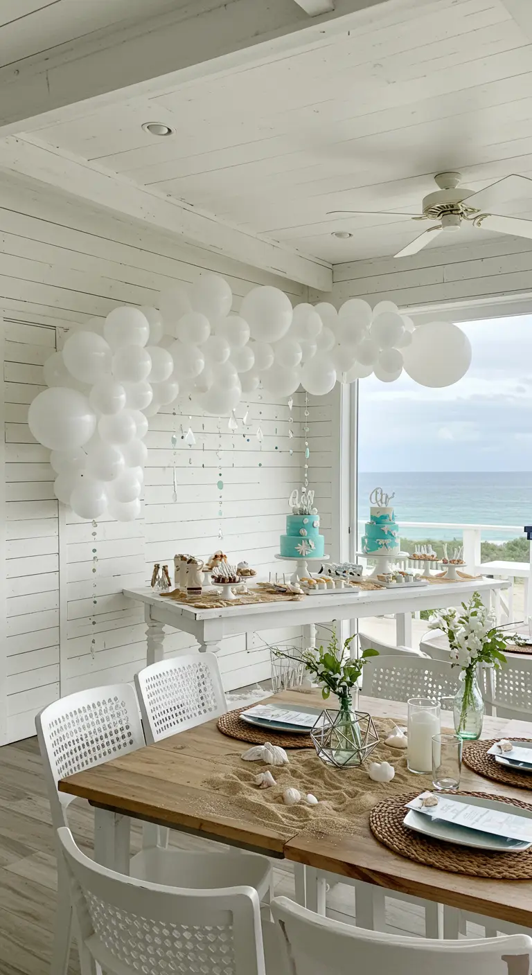 A coastal-themed party with a white balloon arch, sand table runner, and ocean view.