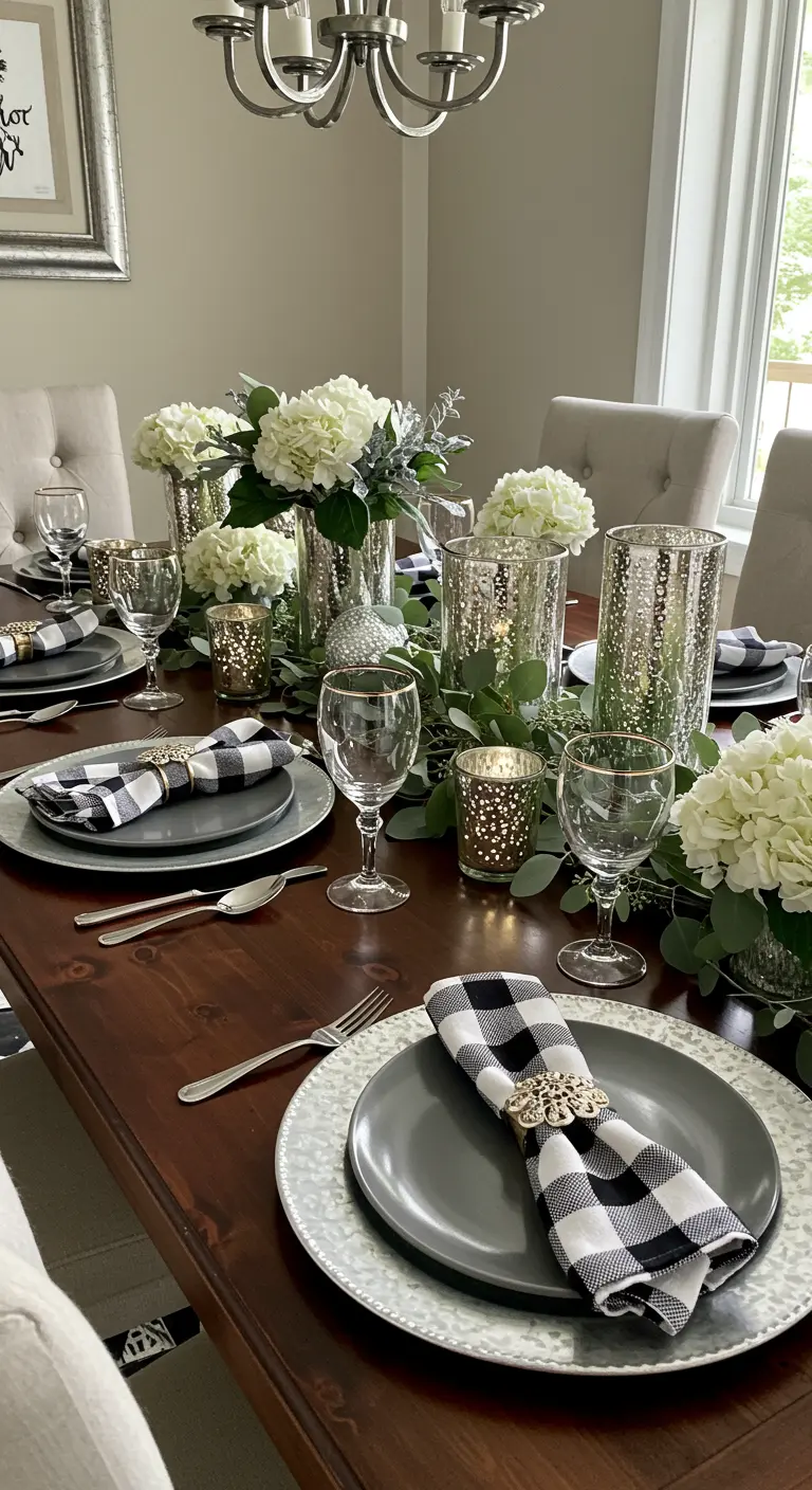 Elegant table with buffalo check napkins, mercury glass, and white hydrangeas.
