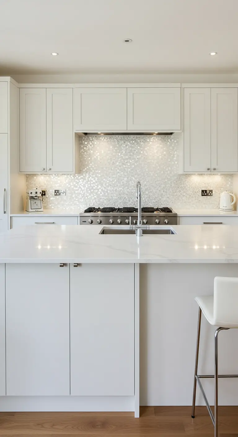 White kitchen with a shimmering mother-of-pearl mosaic tile backsplash.