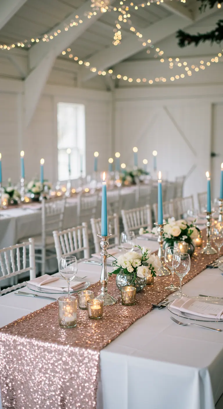 A wedding table with a white tablecloth, a rose gold sequin runner, and bright blue candles.